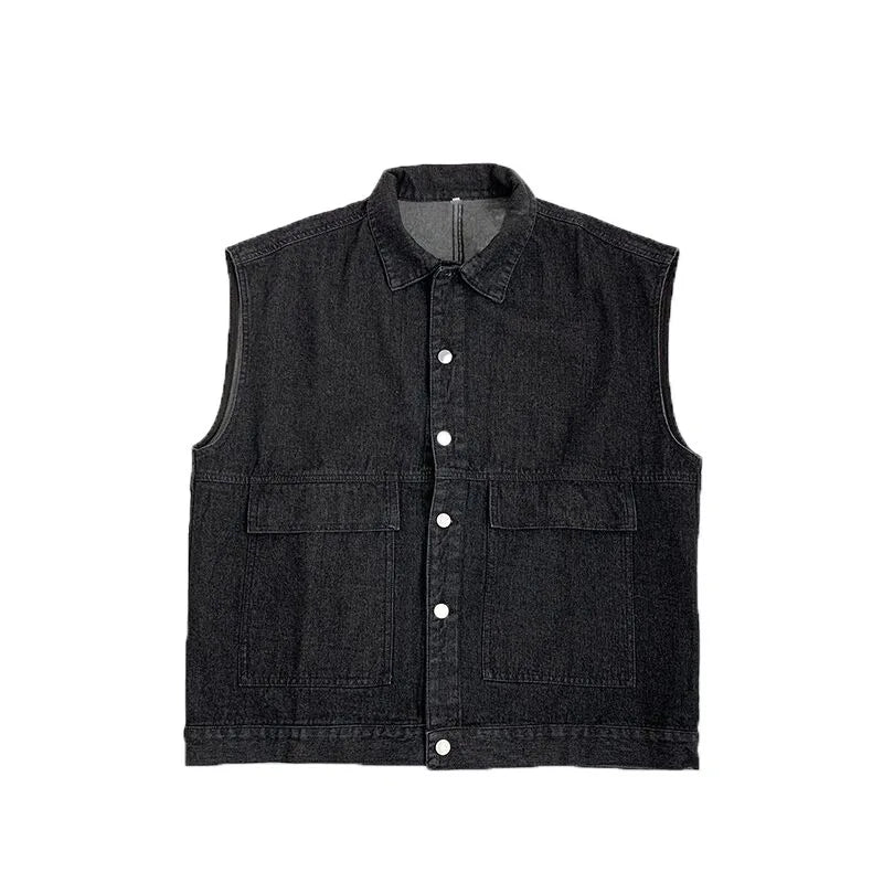 Threebooy Men's Spring Autumn Strapless Denim Jacket Korean Fashion Loose Sleeveless Work Cowboy Vest