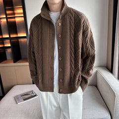Threebooy  New Korean Style Jacquard Men Cardigan Jackets Fashion Luxury Knitted Button-down  Long Sleeve Sweater Coat Winter Warm Knitwear