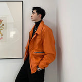 Threebooy Orange Men PU Leather Jacket Male Short Coats Spring Winter Zipped Oversized Vintage Streetwear Lapel Jackets