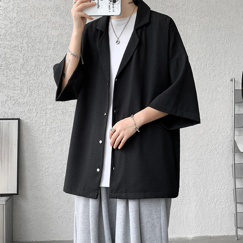 Threebooy Solid Color Suit Collar Men's Texture Shirts Men Oversized Casual Half Sleeve Shirt Tops Summer Streetwear Man Blouse 5XL-M