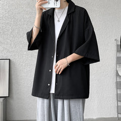 Threebooy Solid Color Suit Collar Men's Texture Shirts Men Oversized Casual Half Sleeve Shirt Tops Summer Streetwear Man Blouse 5XL-M