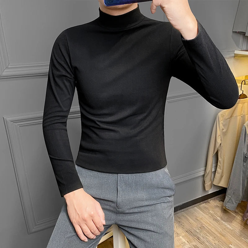 Threebooy Casual Men High Quality Spring and Autumn Solid Color Half A Turtleneck Long Sleeve Slim Base Shirt Men's Double-Faced Pile