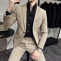 Threebooy (Jacket Pants) Stripe Suits for Men2-Piece Business Khaki Wedding Best Dress Man Tuxedo Slim Fit Formal Blazer Set Custom M-5XL