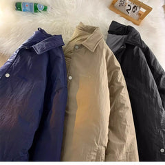 Threebooy Thickened Winter Parkas Japanese Large Size Retro Workwear English Letters Padded Coat Loose Lapel Warm Button Up Coat