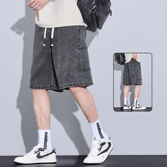 Threebooy  Summer Men's Ice Silk Denim Shorts American Fashion Brand Loose Straight Leg Comfortable Casual Five Quarter Pants