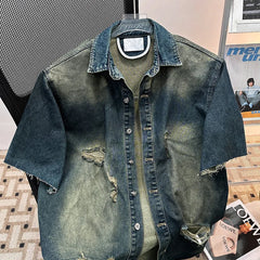 Threebooy  American-style Ripped Denim Jacket Shirt Men Summer Wear Cool Stylish Short-sleeved Contrast Color Male Shirts