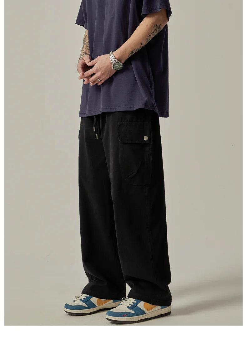Threebooy Men's Sweatpants 2025 Spring Autumn Vintage Japanese Wide Leg Straight Loose Button Big Pockets Cargo Pants Drawstring Trousers