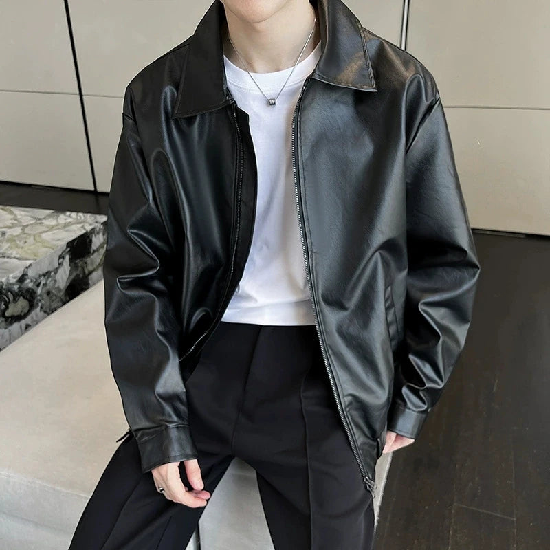 Threebooy  New Autumn Men's Casual Textured PU Leather Jacket High Street Zip-up Turn-down Collar Solid Color Long Sleeve Retro Coats M-3XL