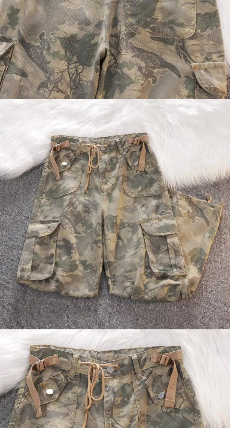 Threebooy Gothic Harajuku American Camouflage Drawstring Casual Trousers Leaf Pattern High Street Hip Hop Y2k Straight Leg Wide Leg Pants