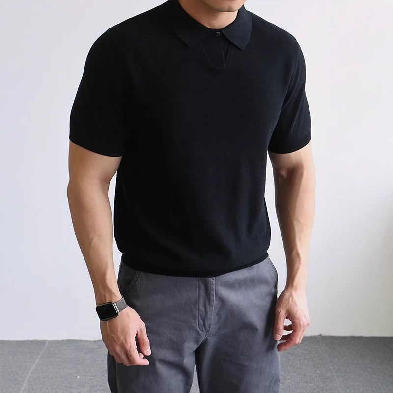 Threebooy  New Men's Clothing Light Luxury Business Polo Shirt Casual Slim-fit Knitted Solid Color Short Sleeve T-shirt High Quality Tops