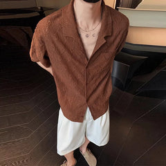 Threebooy  Summer Men's Clothing Light Luxury Jacquarded Suit Collar Shirts Streetwear Button-down Short Sleeve Retro Leisure Fashion M-3XL