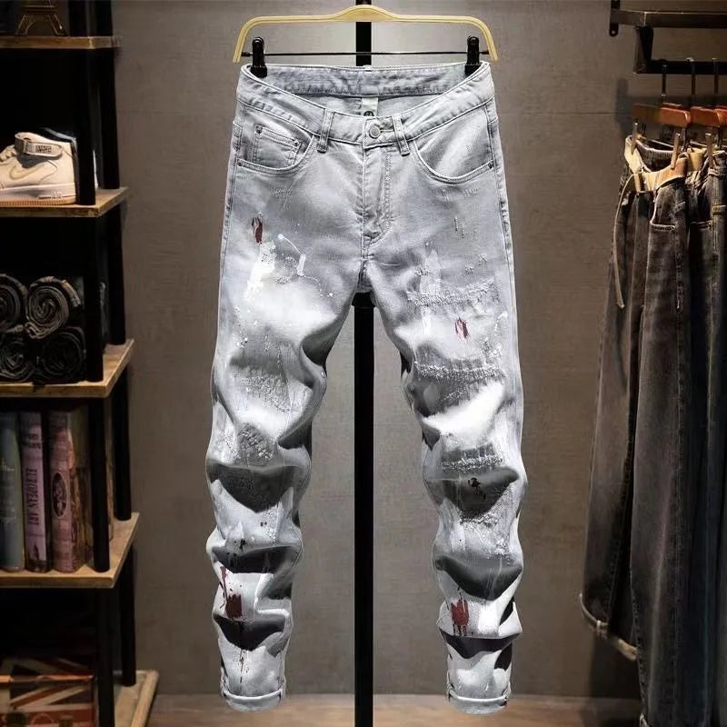 Threebooy  Spring and Autumn Fashion Trend Fashion Ripped Straight Stretch Jeans Men's Casual Slim Comfortable Breathable Small Legs Pants