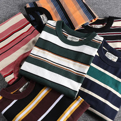 Threebooy  Summer Splicing Pure Cotton Stripe Short Sleeve T-shirt Streetwear Amekaji Heavyweight Casual Male Round Neck Tshirt Tops Tee