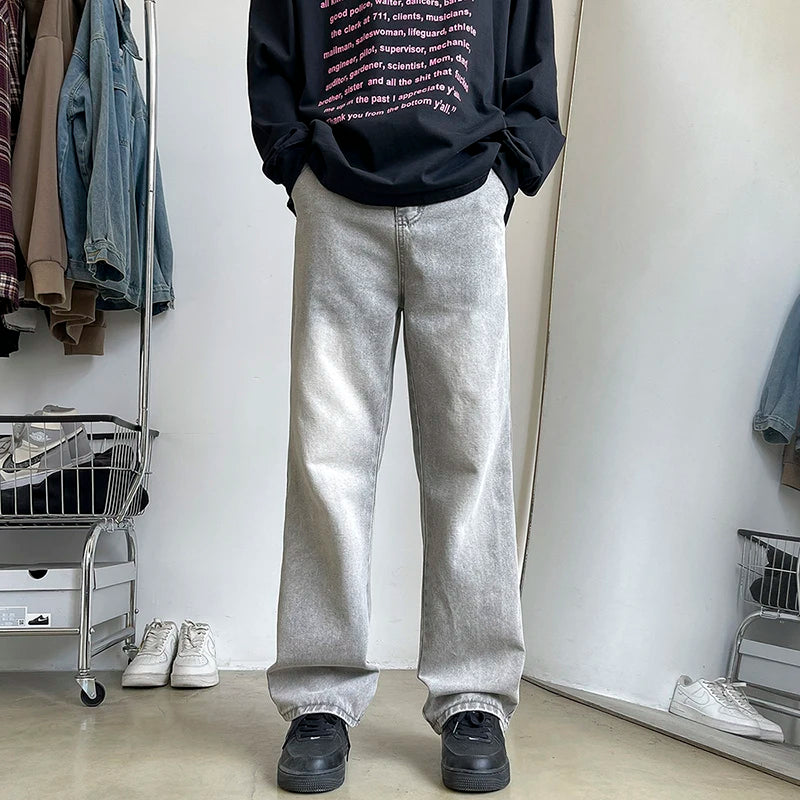 Threebooy  Men's Vintage Light Gray Bootcut Jeans Fashion Korean High Street Denim Trousers Elastic Waist Comfortable Pants Male Clothing