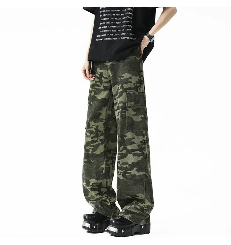 Threebooy Men Casual Straight Leg Camo Cargo Pants Outdoor Tactical Military Workwear Hiking Camping Durable Comfortable Jogger Trousers