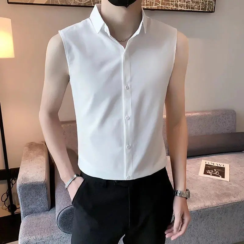 Threebooy  Elegant Fashion Harajuku Slim Fit Ropa Hombre Casual All Match Cotton Tshirts Solid Button Lapel Collar Sleeveless Blusa Vest