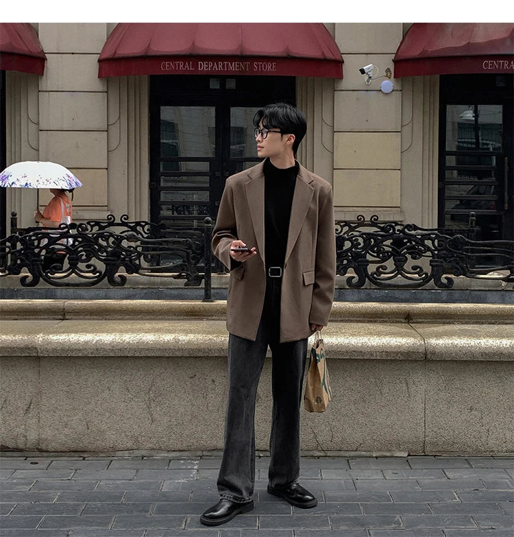 Threebooy Oversized Korean Style Men's Loose Casual Small Suit, Men's 2024 Autumn New Padded Shoulder Suit Jacket Unisex Top