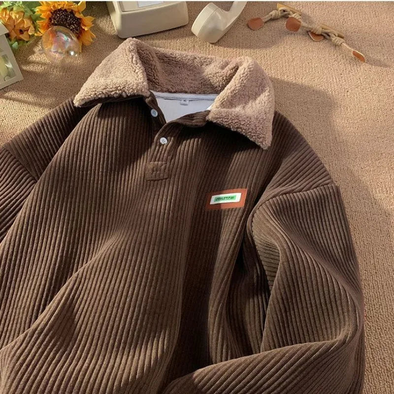 Threebooy Men's Corduroy Polo Shirt Sweater Women's Autumn Winter Fleece Thick Coat Turndown Collar Buttons Long Sleeves Warm Tops