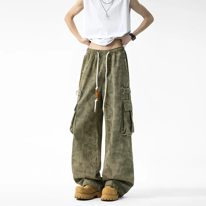Threebooy Men Military Camo Workwear Cargo Pants Elastic Waistband Drawstring Tactical Joggers Loose Straight Leg Big Side Pockets Outdoor