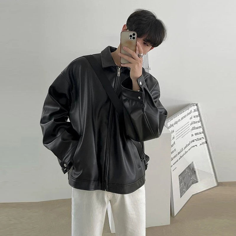 Threebooy  New Men's Casual Textured PU Leather Jacket Fashion Zipper Turn-down Collar Long Sleeve Coats High Quality  Korean Style Outfits
