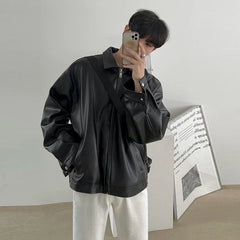 Threebooy  New Men's Casual Textured PU Leather Jacket Fashion Zipper Turn-down Collar Long Sleeve Coats High Quality  Korean Style Outfits