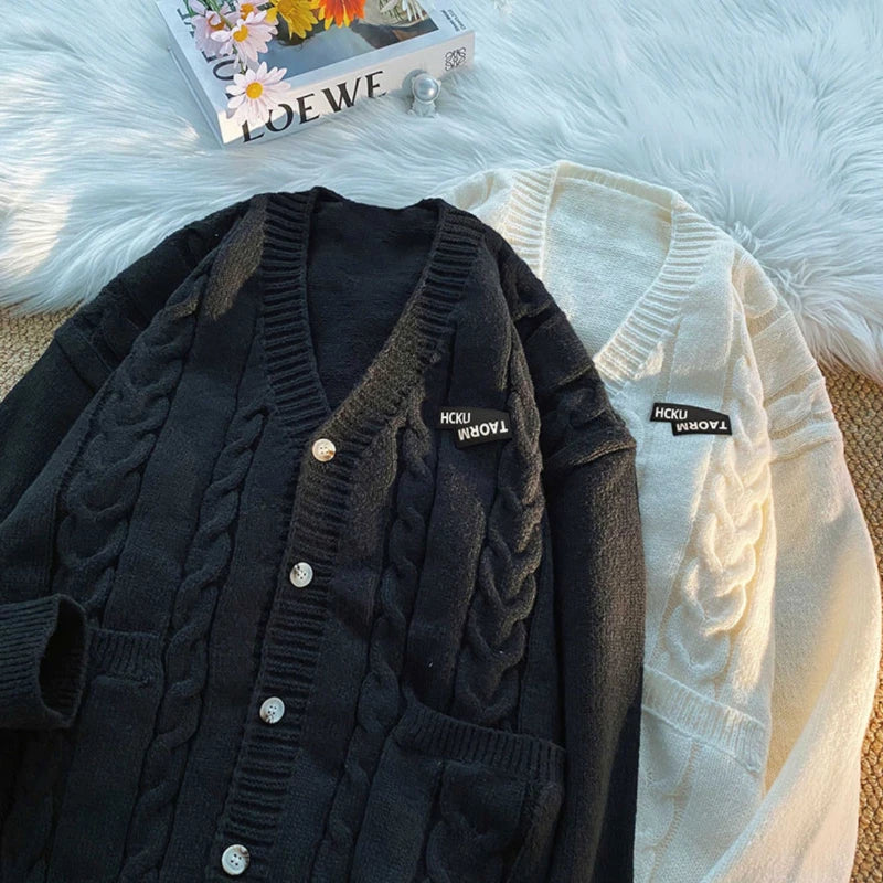 Threebooy Letter Twists Cardigan Sweater Men New Preppy Grunge Cityboy Knit Jacket Japan Couple Casual V-neck Sweater Coat