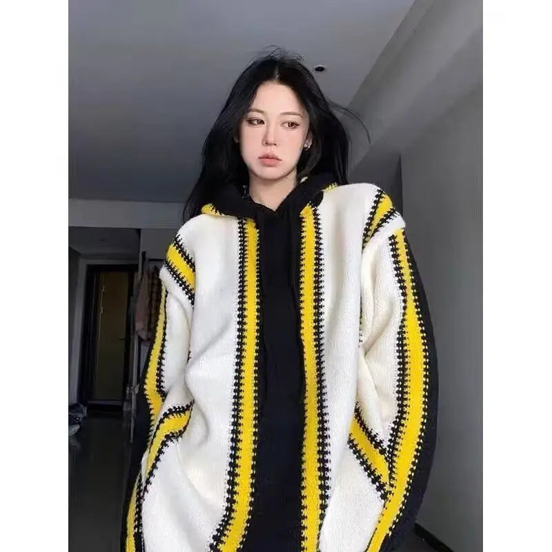 Threebooy Korean street style men and women trendy color blocked striped hooded sweater for couples autumn and winter loose retro casual