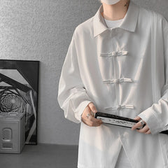 Threebooy Men's Dial Buckle Solid Long Sleeve Shirt Chic Pleated Decor Spring New Loose Casual Traditional Chinese Style Clothing
