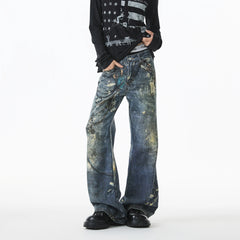 Threebooy Jean Men Unique Design Graffiti Street Style Drag Jeans Urban Trendy Fashion Distressed Long Fit Casual Denim Pants Edgy Hip Hop