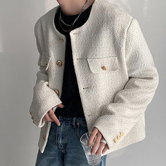 Threebooy Korean Style Fashionable Tweed Round Neck Jacket Men Japanese Trendy High-end Single-breasted Short Jacket with Temperament