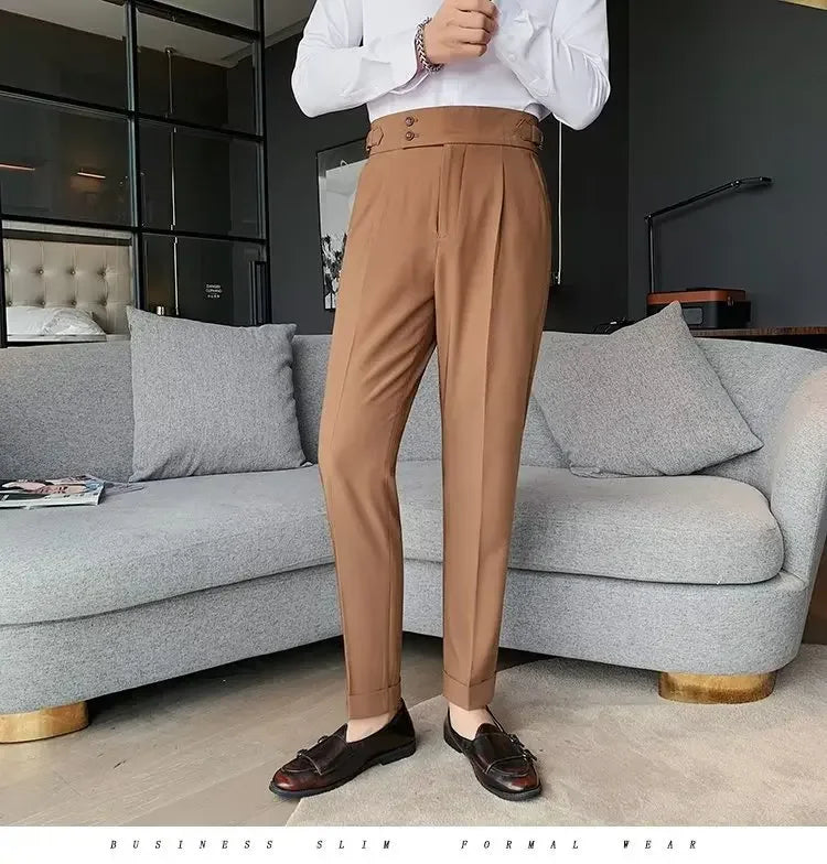 Threebooy Nadir Coffee Color Men's Trousers Classic Trendy Paris Button Single Pleat Slims Smooths Your Silhouette Business Casual Pants