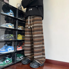 Threebooy Autumn Woolen Pants Men Fashion Retro Stripe Pants Men Streetwear Hip-hop Loose Wide Leg Pants Mens Vintage Trousers Large Size