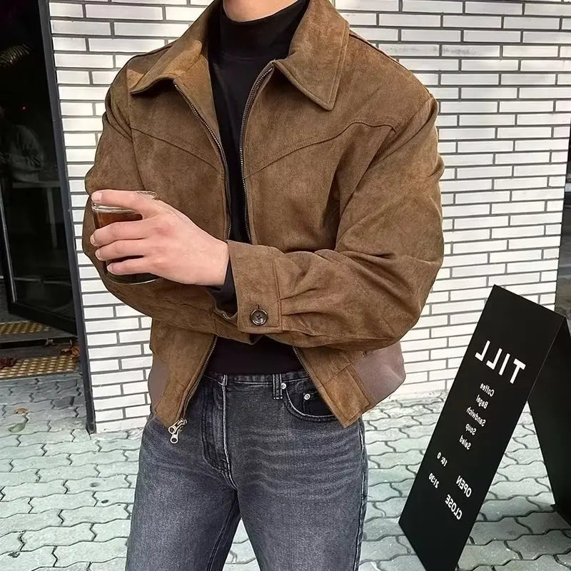 Threebooy New Men's Jackets Retro Brown Coffee Suede Jacket For Men Spring Autumn Fashion Vintage Short Flying Jacket High Street Coat