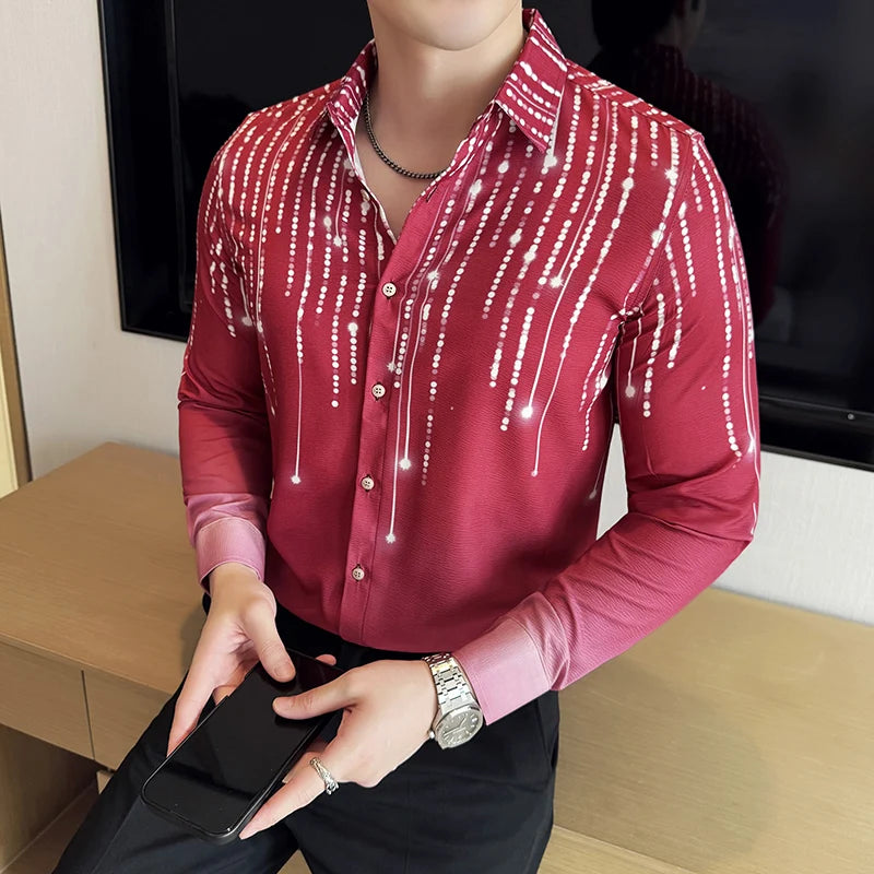 Threebooy  High Quality Striped Printed Men's Shirt Long Sleeve Slim Fit Casual Shirts Fashion Social Party Tuxedo Blouse Men Clothing