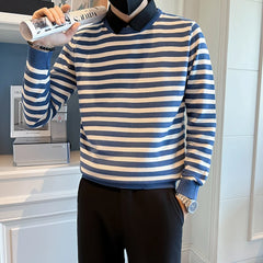 Threebooy  Fake 2 Pieces Shirt Neck Stripe Knitting Sweaters/Male Slim High Quality Casual Pullover/Man Fashion Knit Shirt Size S-4XL