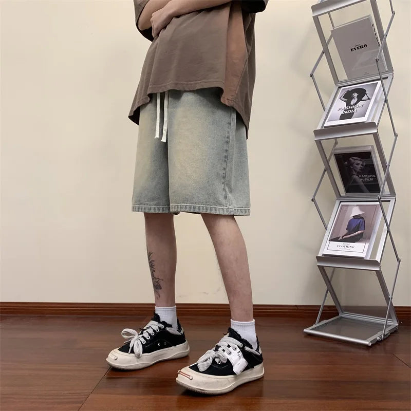 Threebooy Korean Style Summer Men's Black Wide Leg Denim Shorts New Fashion Casual Baggy Short Jeans Cargo Shorts Male Brand Clothes