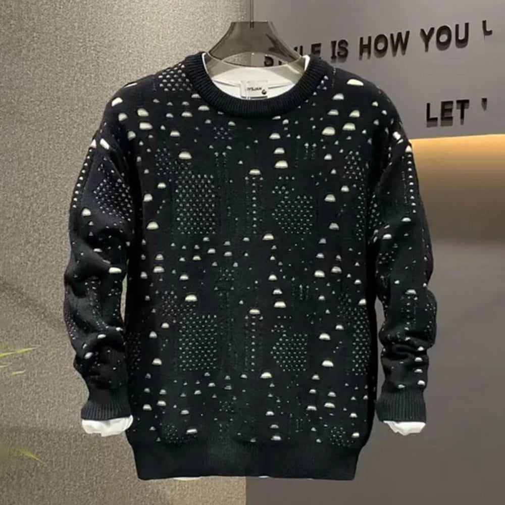 Threebooy Mens Sweater Cotton Hollow Contrast Color Knitted Sweater Fashion Streetwear Trend Youth Casual Long Sleeve Top Men'S Clothing