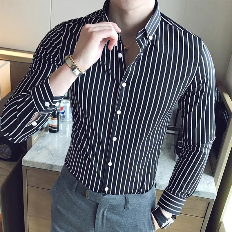 Threebooy  Korean Fashion Men Social Shirt Casual Button Down Slim Fit Long Sleeve Smooth Striped Shirts