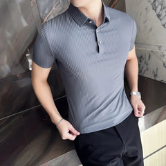 Threebooy Korean Style Men's Summer High Quality Elastic Force Ice Silk Polo Shirts/Male Slim Fit Stripe Casual Polo Shirts 4XL