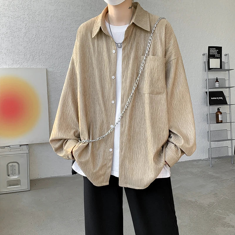 Threebooy High Quality Long Sleeve Ice Silk Shirts Men Loose Daily Casual Single Breasted Popular Streetwear Male Spring Autumn Harajuku