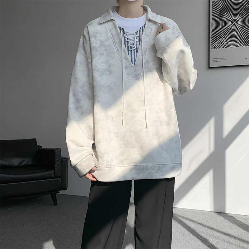 Threebooy Collar Sweatshirt Mens Layered V Neck Pullover Fake Two Piece Streetwear Casual Hoodie Jacket Fall 2025 New Tie Dye Design
