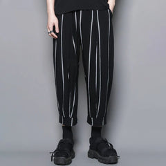 Threebooy Men Casual Pants Striped Drawstring Streetwear Joggers Pockets Harem Trousers Loose Fashion Cropped Pants Man Clothes Pantalones