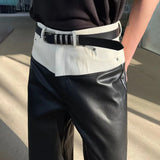 Threebooy Mens Genderless Biker Black White Spliced Leather Pants Sexy Nightclub Contrast Color High Waisted Straight Leg Leather Pants