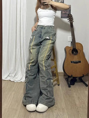 Threebooy Spring and Autumn New Men and Women Trendy Personalized Straight Tube Splicing Jeans for Couples Loose Retro Casual Pants