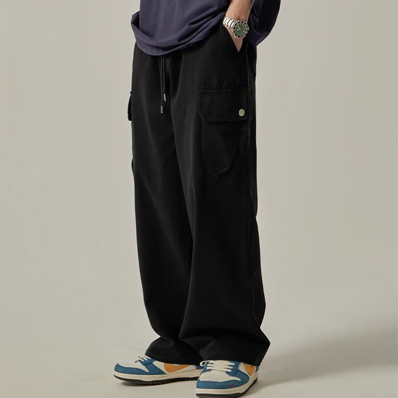 Threebooy Men's Sweatpants 2025 Spring Autumn Vintage Japanese Wide Leg Straight Loose Button Big Pockets Cargo Pants Drawstring Trousers