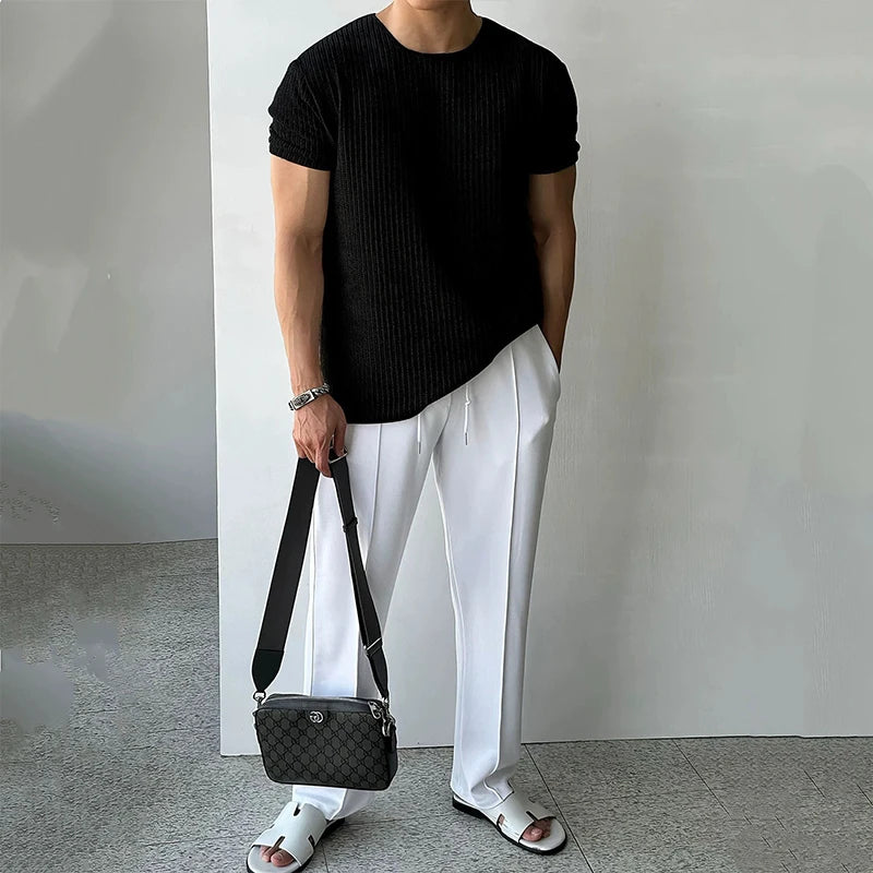 Threebooy New Trend Men Gym T-shirts Light Luxury Popular Slim-fit O Neck Tees Leisure Breathable Tops Sport Style Short Sleeve Knitwear