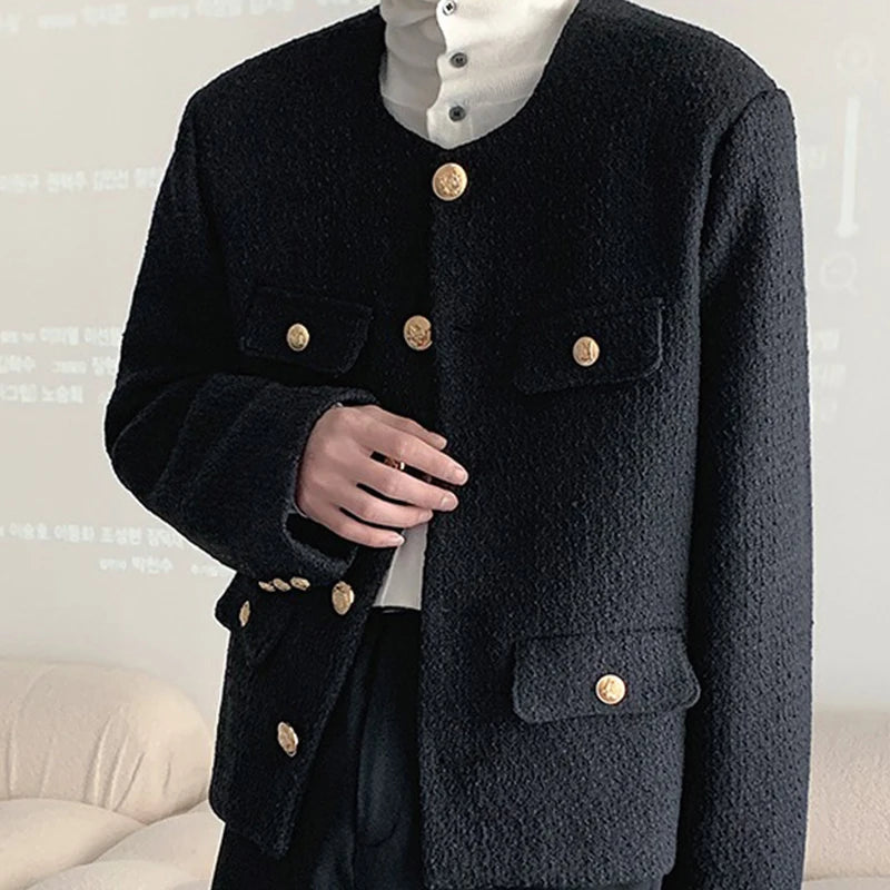 Threebooy Korean Style Fashionable Tweed Round Neck Jacket Men Japanese Trendy High-end Single-breasted Short Jacket with Temperament
