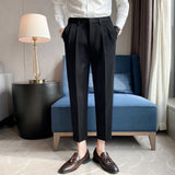 Threebooy Men High Quality Black Gray Dress Suit Pant Spring Man Pants Korean Slim Fit Men Casual Ankle Length Pants Streetwear 36