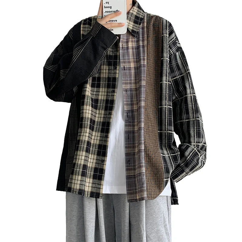 Threebooy Men's Fashion Trend Loose Long Sleeves Hawaiian Shirts Cargo Splicing Plaid Printing Shirts Black Color Camisa Masculina