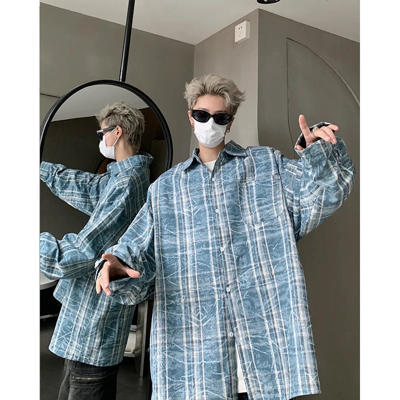 Threebooy Autumn Fashion Men Women Plaid Shirts Oversize Button Up Long Sleeve Tops Korean Loose Casual Outwear Couples Shirt Pink/Blue